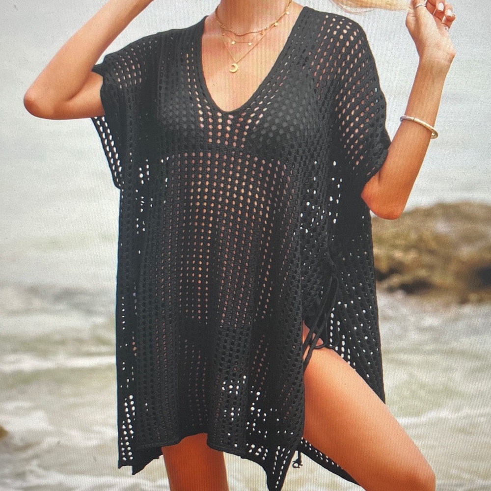 Black Crochet Swim Cover-Up Tunic - Beachwear